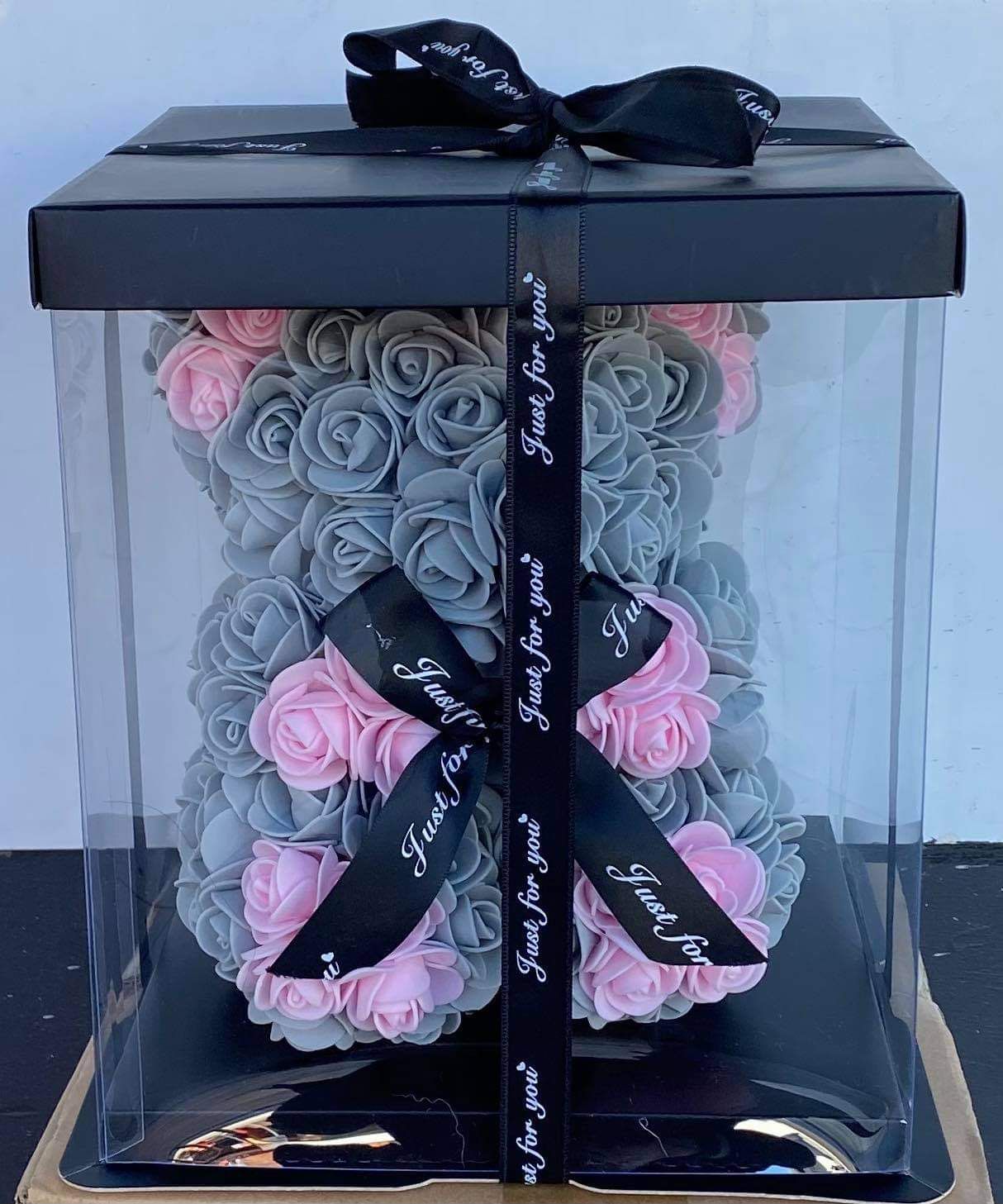 Gorgeous Grey n Pink Rose Teddy Bear with LED Light and Gift Box - 25cm