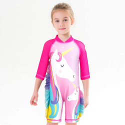 Set of Pink Unicorn One-Piece Long-sleeve Swimsuit and Hat