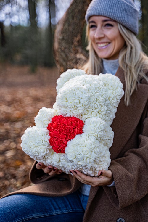 Gorgeous White Rose Teddy Bear Hugging Heart with LED Light and Gift Box - 40cm