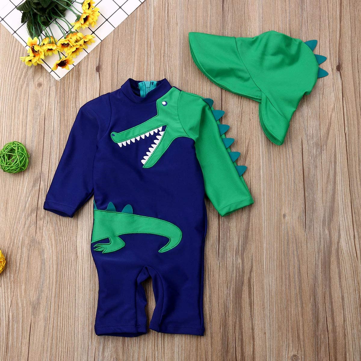 Set of Dinosaur One-Piece Long-sleeve Swimsuit and Hat