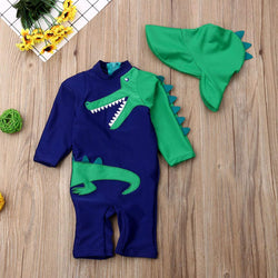 Set of Dinosaur One-Piece Long-sleeve Swimsuit and Hat