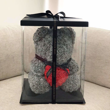 Gorgeous Grey Rose Teddy Bear Hugging Heart with LED Light and Gift Box - 40cm
