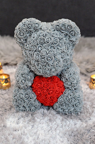 Gorgeous Grey Rose Teddy Bear Hugging Heart with LED Light and Gift Box - 40cm